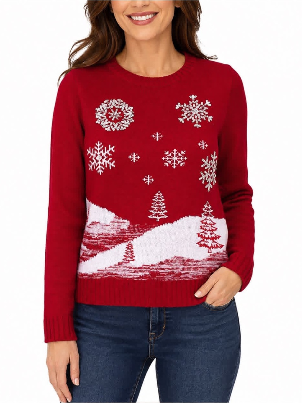 Karen Scott Womens L Red Christmas Sweater Sequin Snowflake Winter Scene Knit
